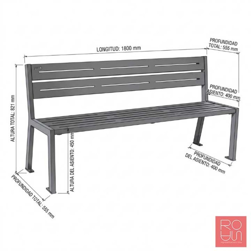 Banc urbà Silaos sense recolza braç en tot acer de 1800 mm